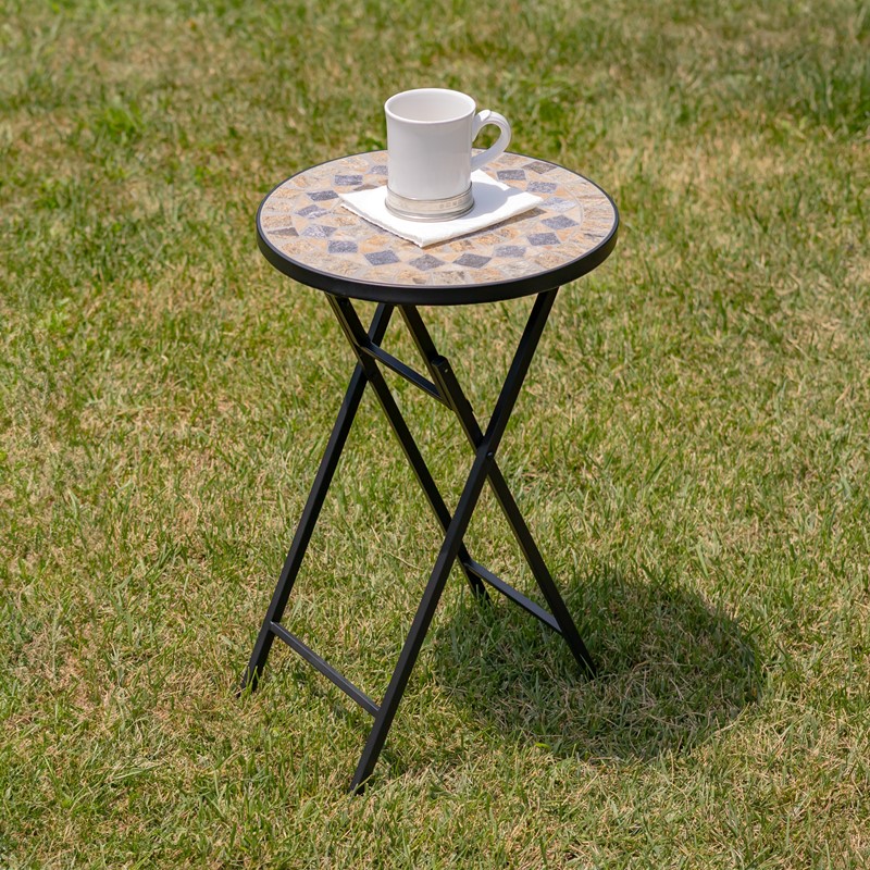 Zaer Ltd. International "Medora" 23in. Tall Mosaic Folding Plant Stand - Stone Grey & Tan ZR850116