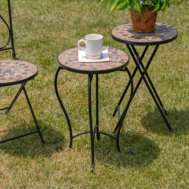 Zaer Ltd. International "Medora" 22in. Tall Mosaic Pedestal Plant Stand - Stone Grey & Tan ZR850115