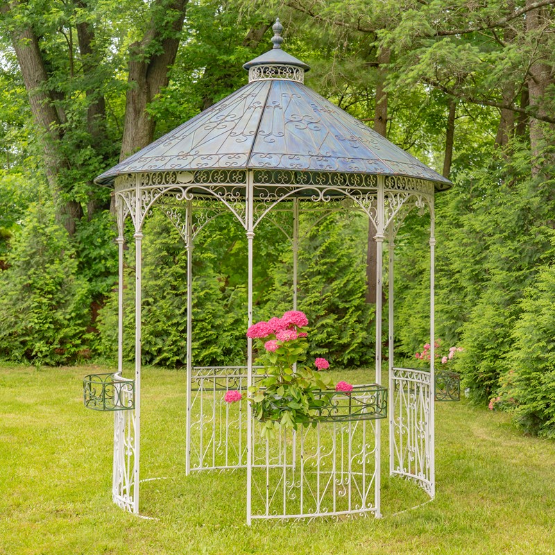 Zaer Ltd. International 11.25ft. Tall Round Iron Gazebo w/4 Sidewalls & Baskets in Antq. White "Seville" ZR230419-AW