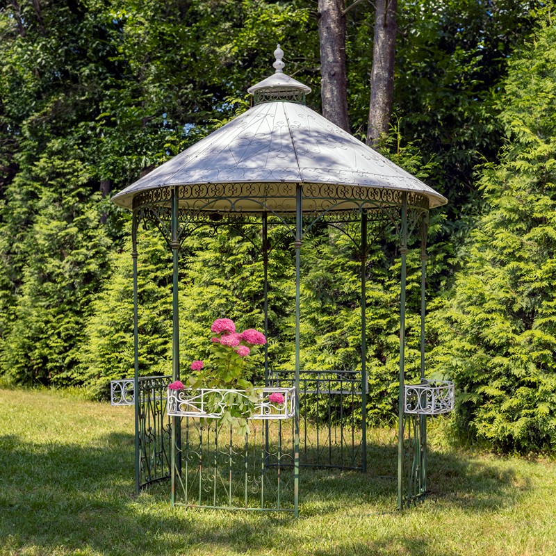 Zaer Ltd. International 11.25ft. Tall Round Iron Gazebo w/Sidewalls & Baskets in Green "Seville" ZR230419-GR