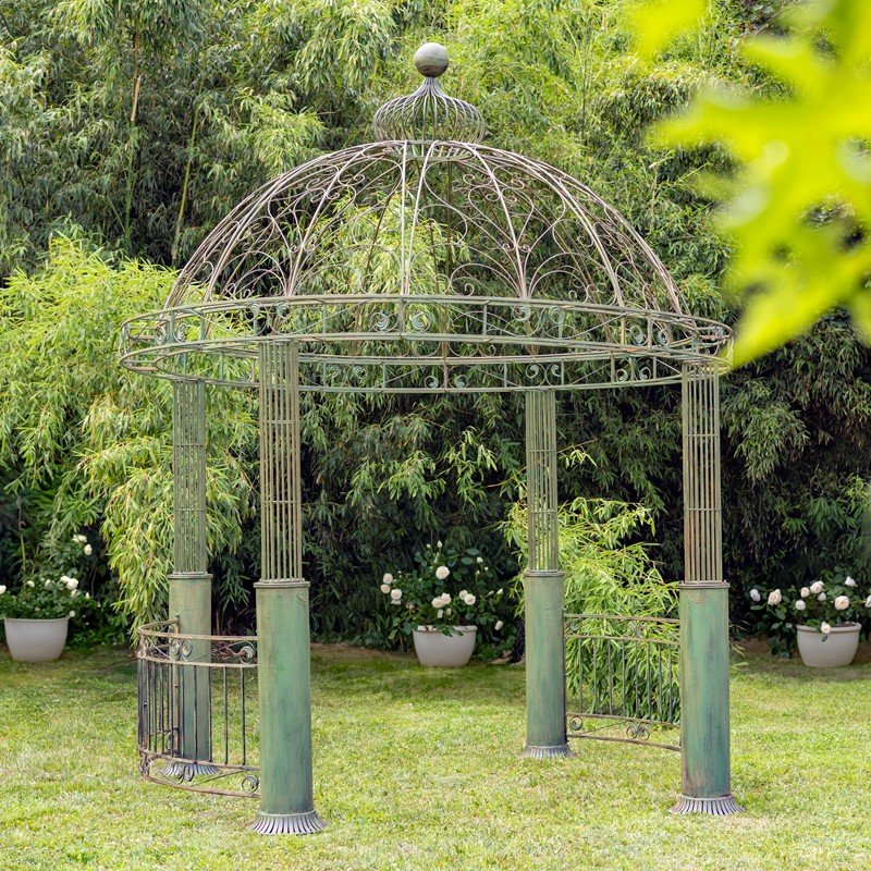 Zaer Ltd International 12.5ft. Tall Ornate Round Iron Garden Gazebo in Antique Green "Medellín 1972" ZR210177-GR