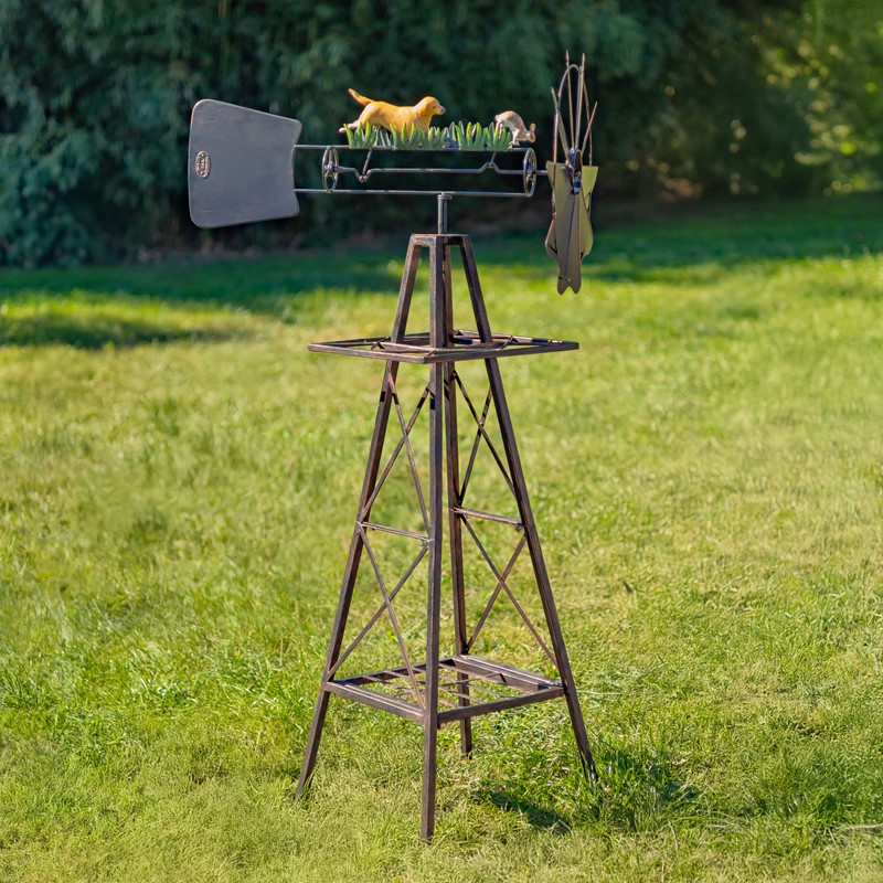 Zaer Ltd International 59.8" Tall Iron Windmill with Dog Chasing Rabbit on Weather Vane ZR548543