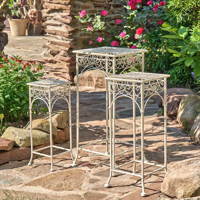 Zaer Ltd. International Set of 3 Square Metal Plant Stand Tables in Antique White "Copenhagen 1843"" ZR220735-AW