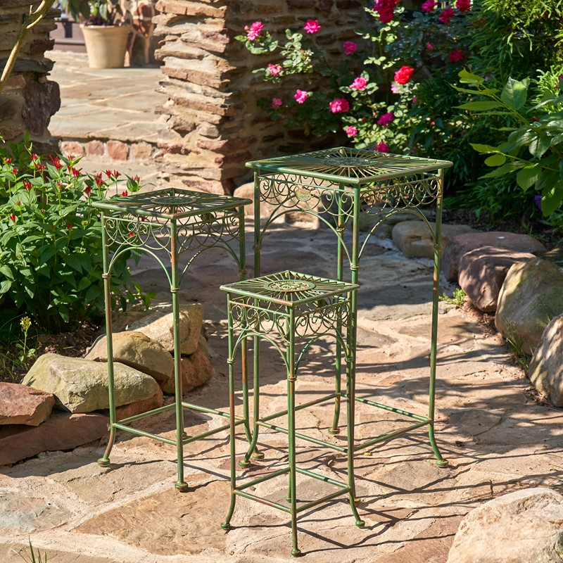 Zaer Ltd. International Set of 3 Square Metal Plant Stand Tables in Antique Green "Copenhagen 1843"" ZR220735-GR