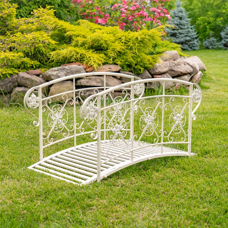 Zaer Ltd International 40.5" Long Iron Garden Bridge with Embellished Handle Bars in White "Stephania" ZR220597-AW