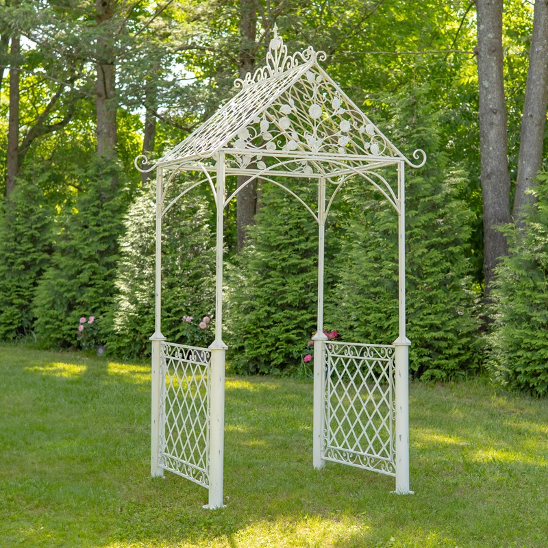 Zaer Ltd International 9.5ft T Iron Garden Arch with Embellished Trellis in Antique White "London 1820" ZR220403-AW