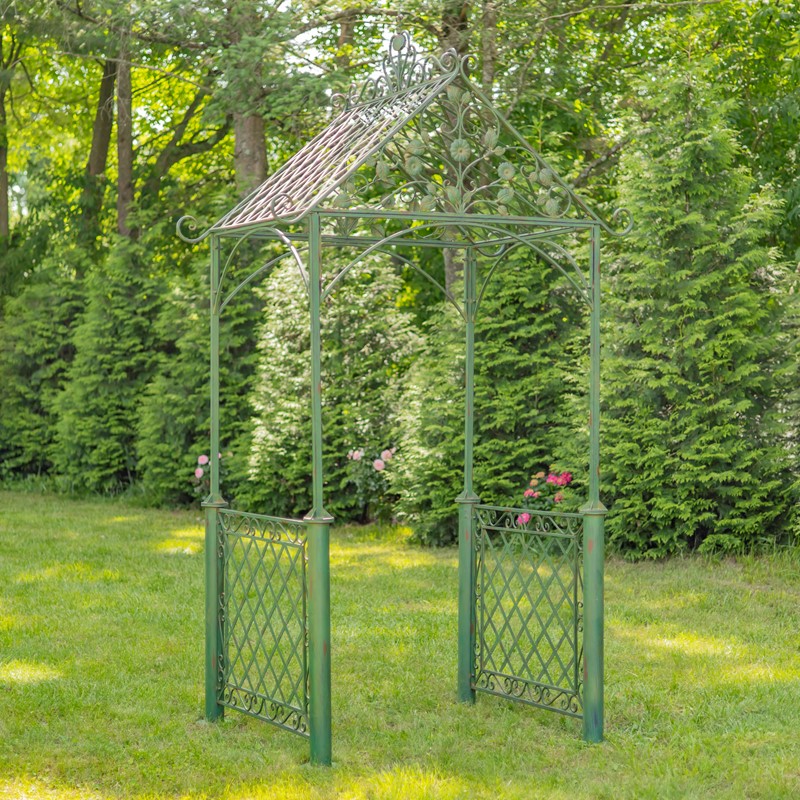 Zaer Ltd International 9.5ft. Iron Garden Arch with Embellished Trellis in Antique Green "London 1820" ZR220403-GR