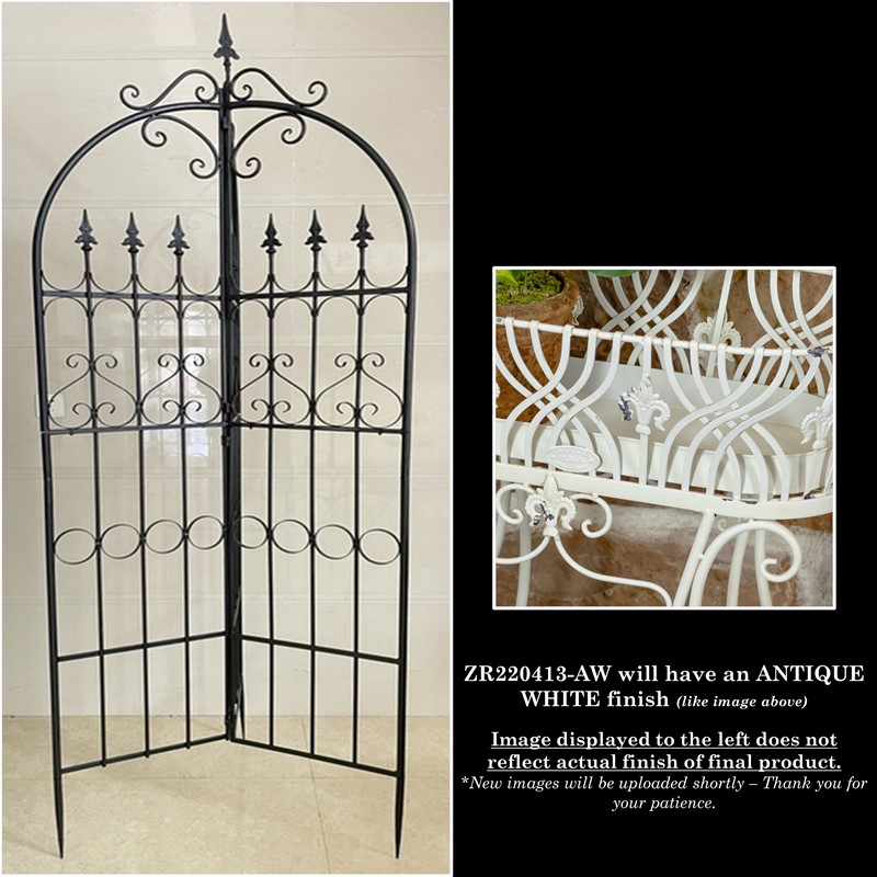 Zaer Ltd International 7.7ft Tall Three Wall Iron Trellis with Fleur-de-lis in Ant. White "Paris 1968" ZR220413-AW