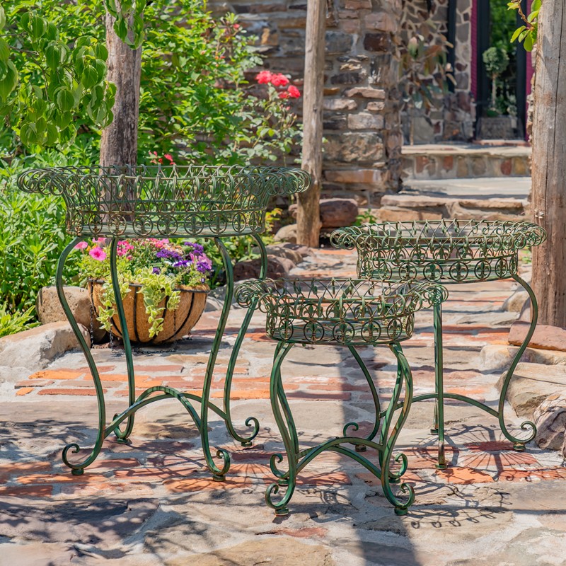 Zaer Ltd. International Set of 3 Round Iron Wire Basket Plant Stands in Antique Green "London 1820" ZR220392-GR