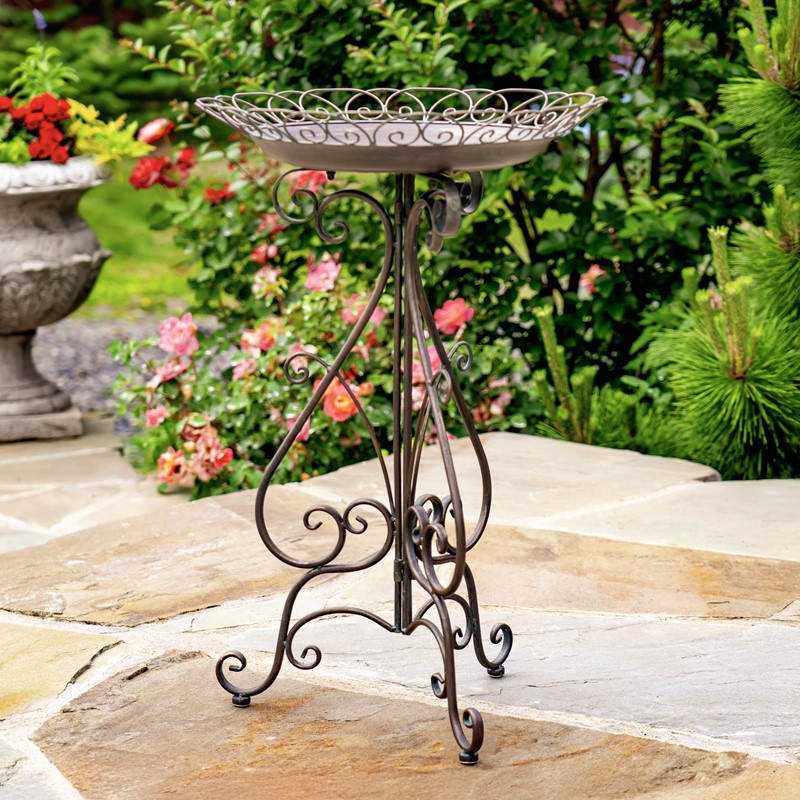 Zaer Ltd International 28" Tall Round Iron Birdbath with Folding Stand in Antique Bronze "Stephania" ZR220404-BZ