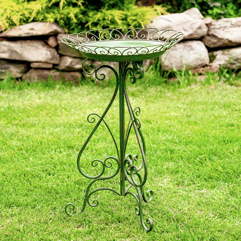 Zaer Ltd International 28" Tall Round Iron Birdbath with Folding Stand in Antique Green "Stephania" ZR220404-GR