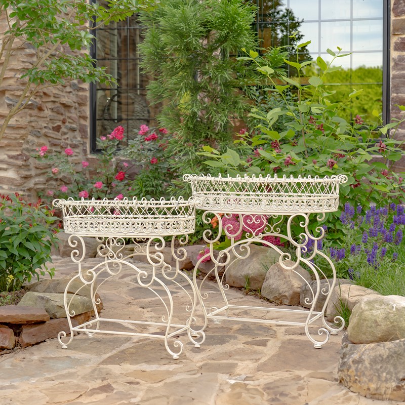 Zaer Ltd. International Pre-Order: Set/2 Plant Stands w/Embellished Oval Baskets in White "London 1820" ZR220406-AW