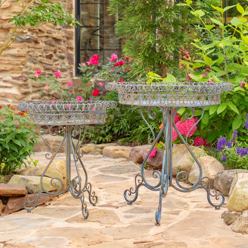 Zaer Ltd. International Set of 2 Round Plant Stands with Decorative Baskets in Blue "Copenhagen 1843" ZR220407-BL
