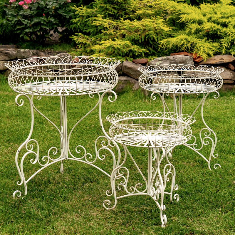 Zaer Ltd. International Set of 3 Round Plant Stands with Baskets in Antique White "Copenhagen 1843" ZR220408-AW