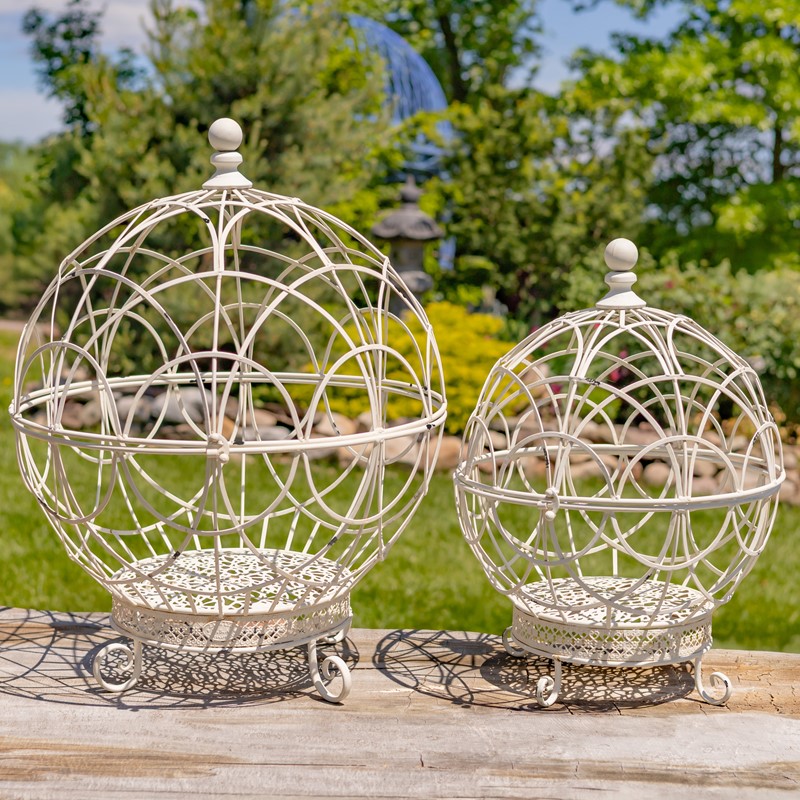 Zaer Ltd. International Set of 2 Assorted Iron Globe Plant Stands in Antique White "Paris 1968" ZR151119-AW