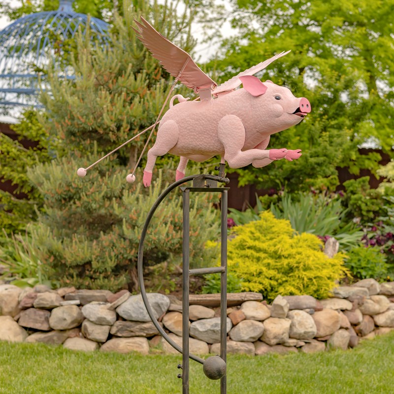 Zaer Ltd International 6.5ft. Tall Hand Painted Flying Pink Potbelly Pig Iron Rocking Stake "Pigasus" ZR206330-PK