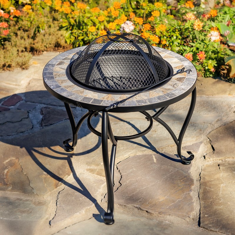 Zaer Ltd. International Pre-Order: 25.6"D. Round Mosaic Tile Metal Fire Pit "Grey Rocks" ZR803681-B