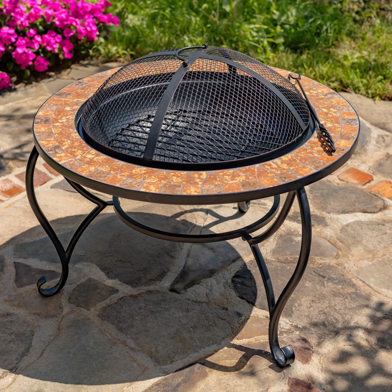 Zaer Ltd. International 32.6"D. Round Mosaic Tile Metal Fire Pit "Shenandoah" ZR803682-A