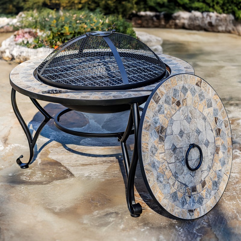 Zaer Ltd. International 32.6"D. Round Mosaic Tile Metal Fire Pit "St. Augustine" ZR803682-D