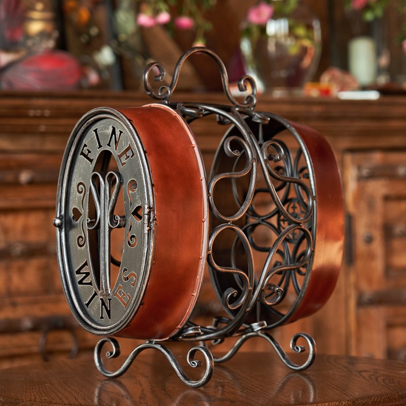 Zaer Ltd. International 15.75" Tall Oval Barrel-Shaped Wine 2-Bottle Rack with Moving Handle "Setúbal" ZR240124