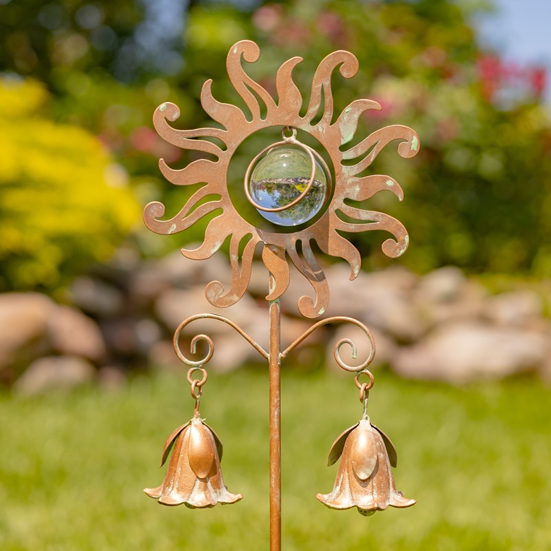 Zaer Ltd International 31.4" Tall Antique Copper Iron Sun Garden Stake with Lily-Shape Bell Details ZR230521