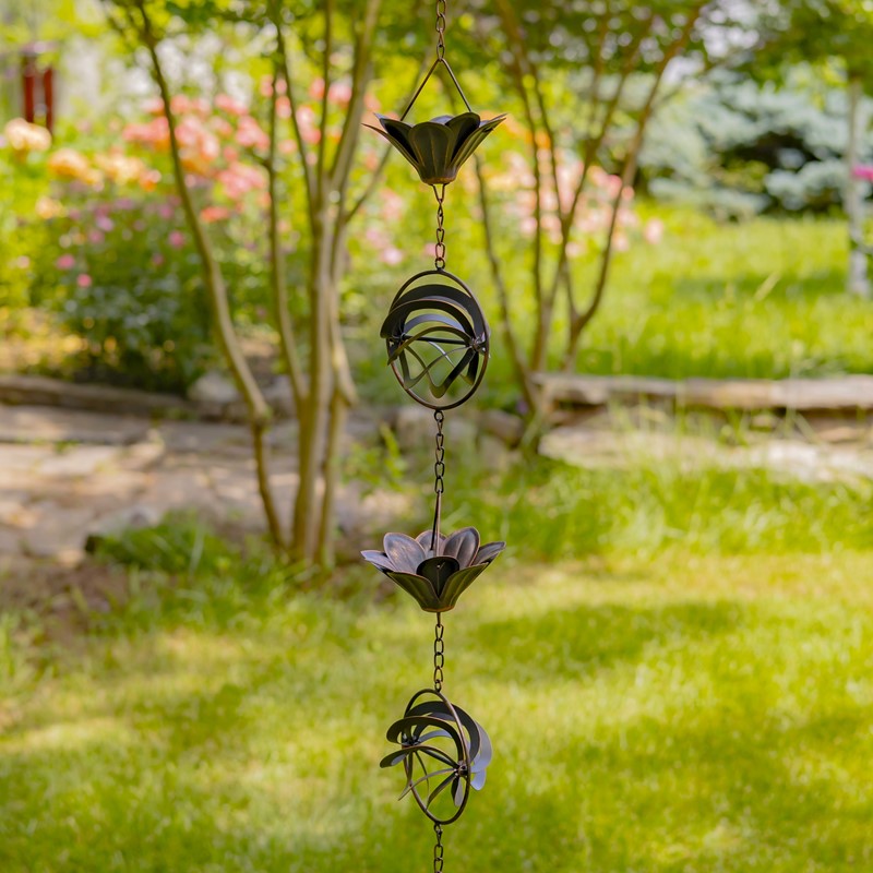 Zaer Ltd International 95" Long Antique Bronze Iron Rain Chain with Lilies & Abstract Globe Accents ZR235179