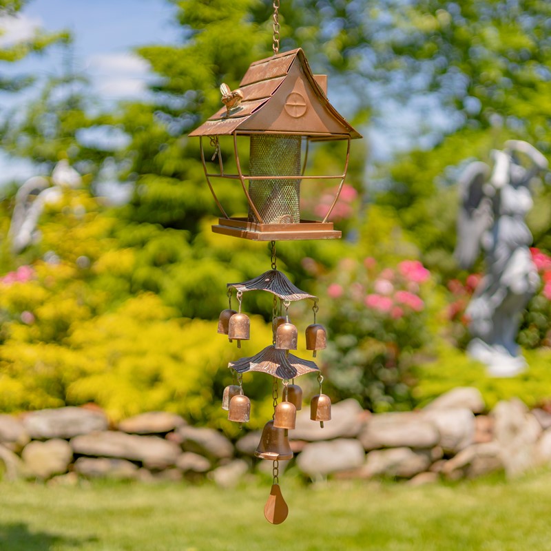Zaer Ltd International 42" Long Hanging Pagoda Shaped Iron Birdfeeder with Toadstool & Bells ZR235184
