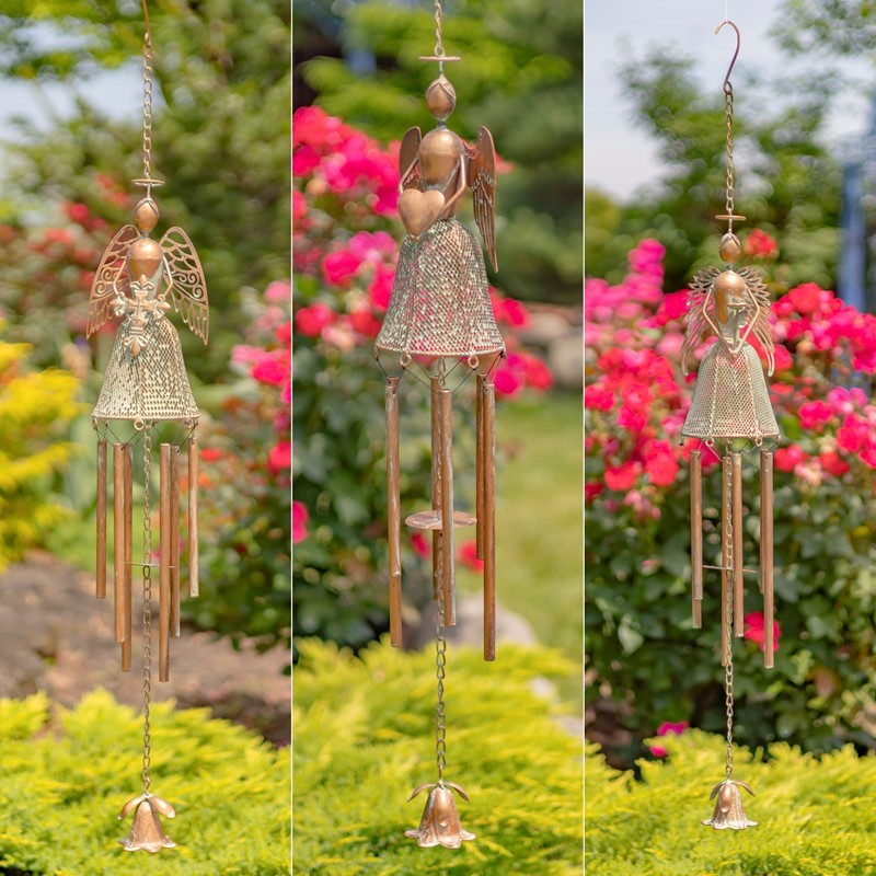 Zaer Ltd International Set of 3 Hanging Antique Copper Angel Wind Chimes ZR235189-31-SET