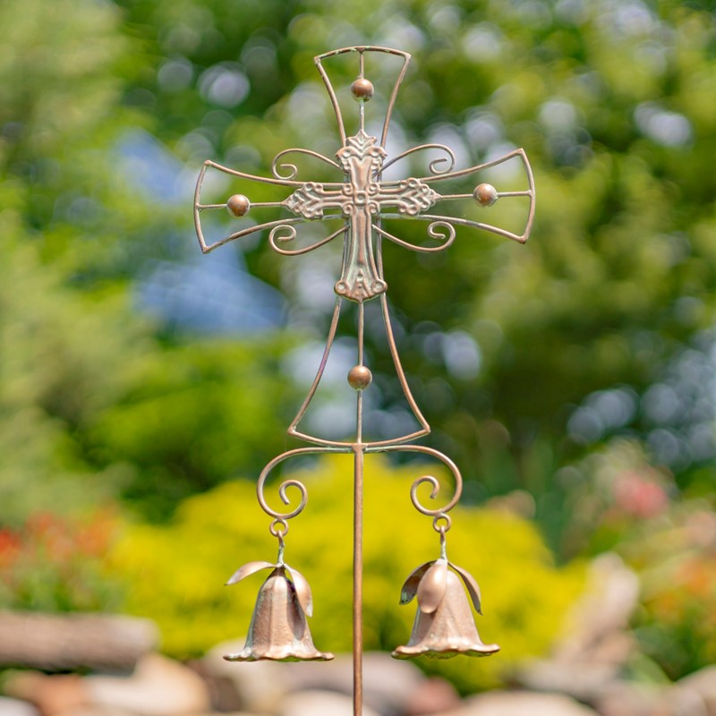Zaer Ltd International Set of 3 Assorted Ornate Iron Cross Garden Stakes with Dangling Bells ZR235219-22-SET