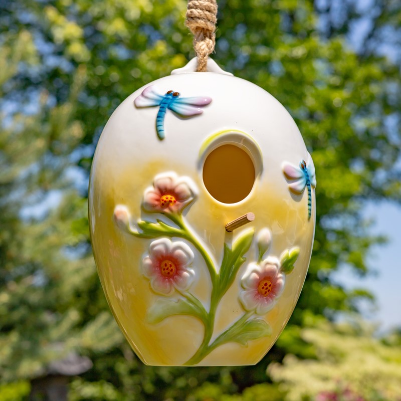 Zaer Ltd. International 19" Long Egg-Shaped Porcelain Birdhouse with Dragonflies "Merryweather" ZR240008