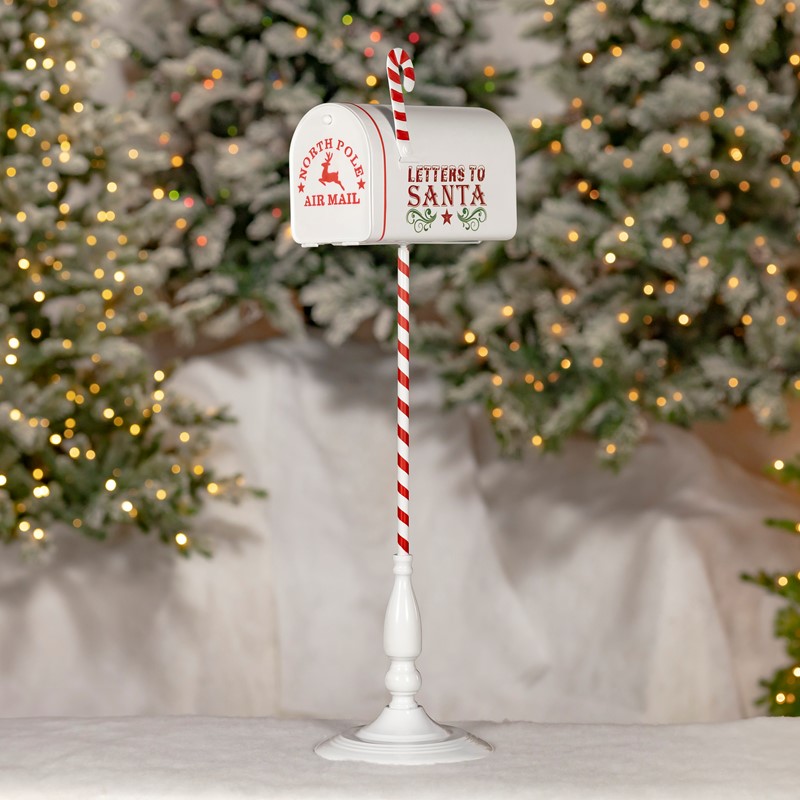 Zaer Ltd International 31" Tall Antique White "North Pole" Metal Mailbox with Candy Cane Stand ZR361494-AW