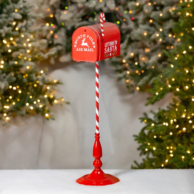 Zaer Ltd International 31" Tall Antique Red "North Pole" Metal Mailbox with Candy Cane Stand ZR361494-RD