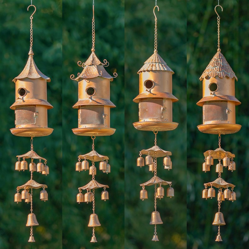 Zaer Ltd International Set of 4 Asst Copper Hanging Birdhouse Feeder Wind Chimes "Homestead Collection" ZR235021-4-SET