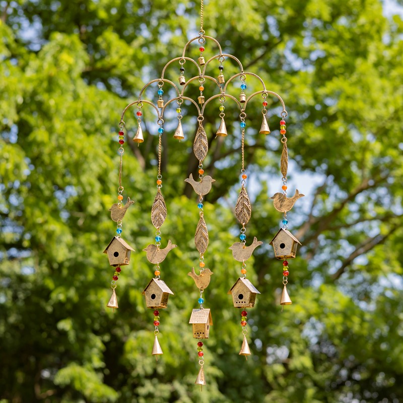 Zaer Ltd International Set of 6 Assorted Gold Metal Wind Chimes with Bird Accents "Acadia Wind Chimes" LS011447-SET