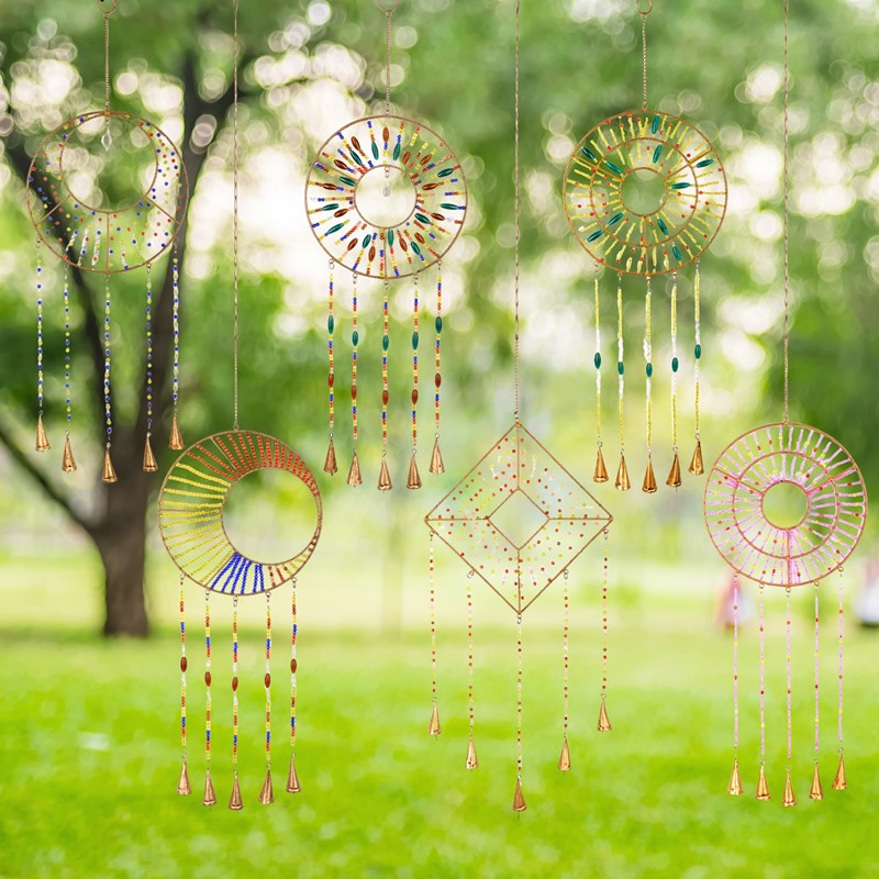 Zaer Ltd International Set of 6 Assorted Colorful Hand Beaded Metal Wind Chimes with Bells LS013278-SET