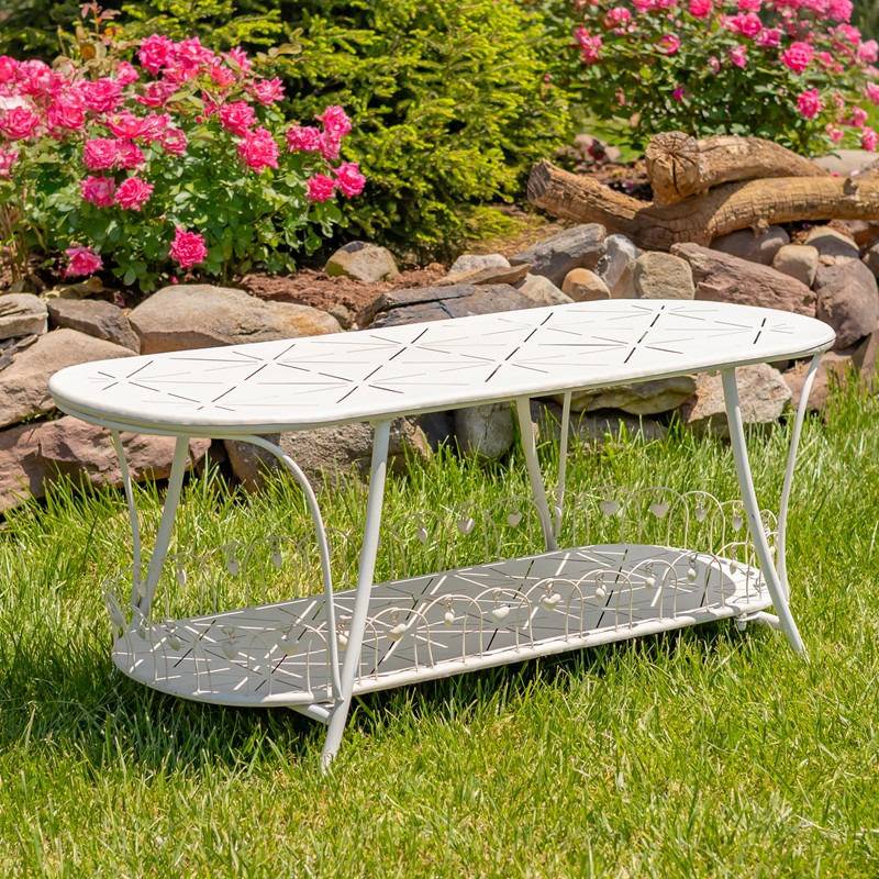 Zaer Ltd International 47.25"L. Embellished Oval Metal Garden Table with Shelf in White "Toulouse 1275" ZR194619-AW