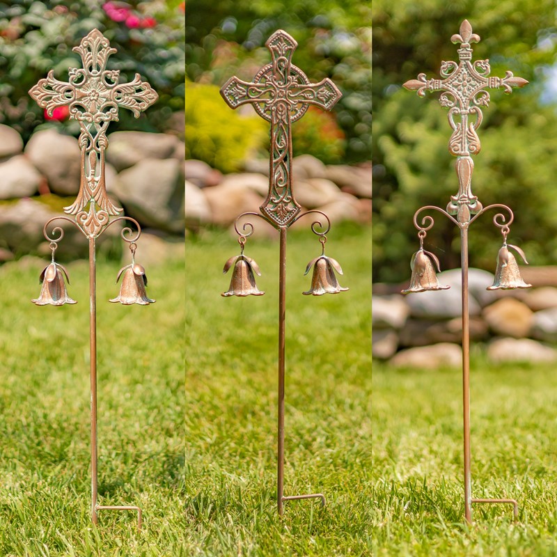 Zaer Ltd International Set of 3 Assorted Embellished Iron Cross Garden Stakes "Anael, Cael, & Raphael ZR235200-SET