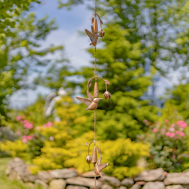 Zaer Ltd International 91" Long Antique Copper Iron Rain Chain with Hummingbirds & Flowers ZR235230