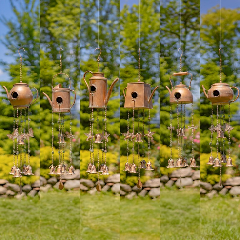 Zaer Ltd International Set of 6 Assorted Style Hanging Iron Teapot Birdhouse Wind Chimes "Darjeeling" ZR235255-SET