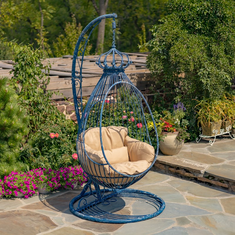 89 Tall One Person Hanging Metal Egg Chair with Stand in Antique Blue Elizabeth
