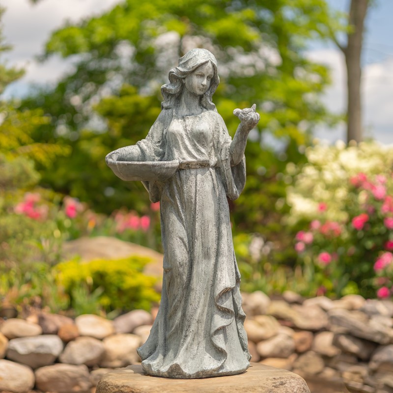 Zaer Ltd International 38" Tall Magnesium Girl Holding Bird and Bowl Garden Statue in Grey "Holly" ZR131740-GY