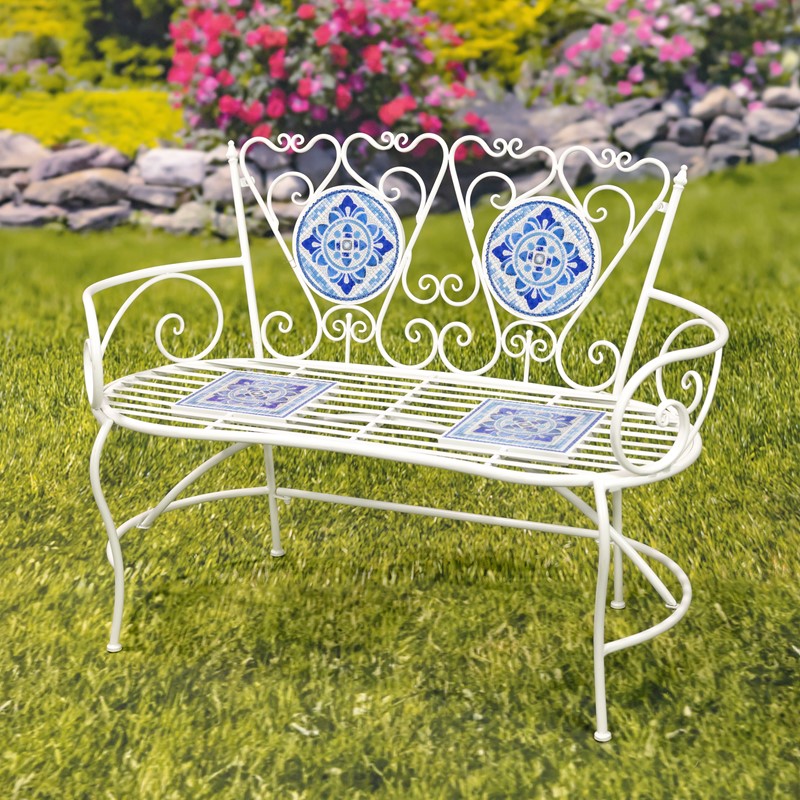 Zaer Ltd. International "Cape May" Mosaic Tile Bench with Iron Frame - White & Blue ZR850193