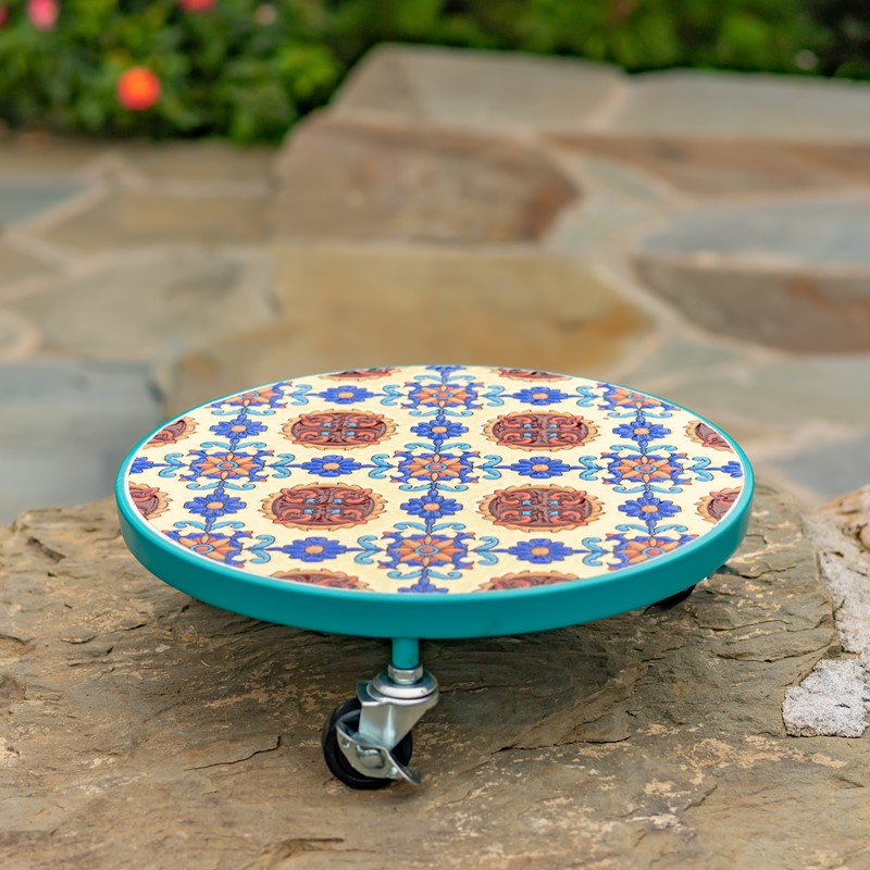 Zaer Ltd. International 11.8" Ceramic Mosaic Tile Plant Trolley "Toulouse" - Teal/Blue/Red ZR850033