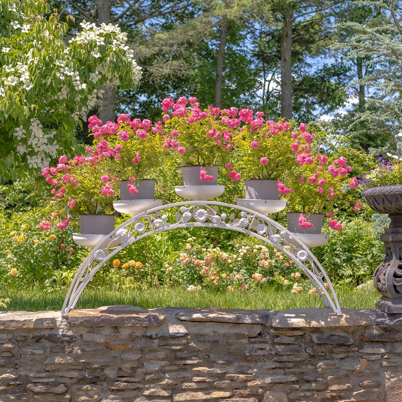 Zaer Ltd. International Pre-Order: 5ft. L. Bridge-Like Iron Plant Stand w/5 Planters in White "Helsinki" ZR230420-AW