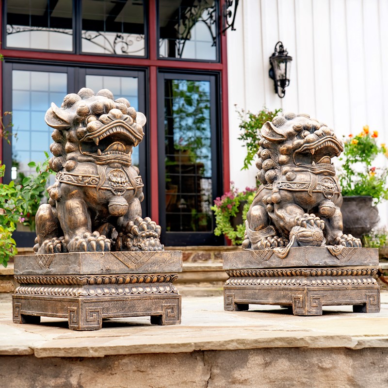 Zaer Ltd. International Set of 2 Magnesium Foo Dog Statues in Antique Bronze "Gan & An" ZR617270-BZS