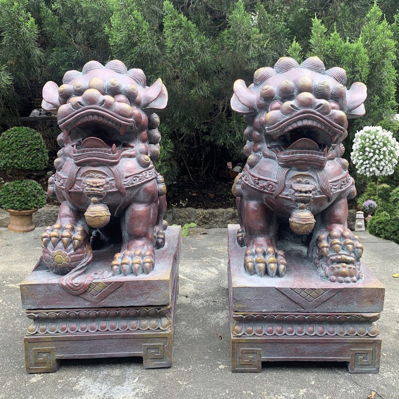Zaer Ltd. International Pre-Order: Set of 2 Magnesium Foo Dog Statues in Antique Blue-Bronze "Gan & An" ZR617270-BBS