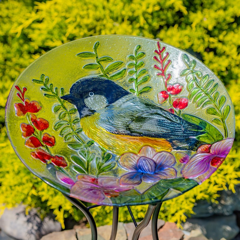 Zaer Ltd International 18" Glass Bowl Oriole Birdbath with Metal Stand "Baltimore" ZR180904
