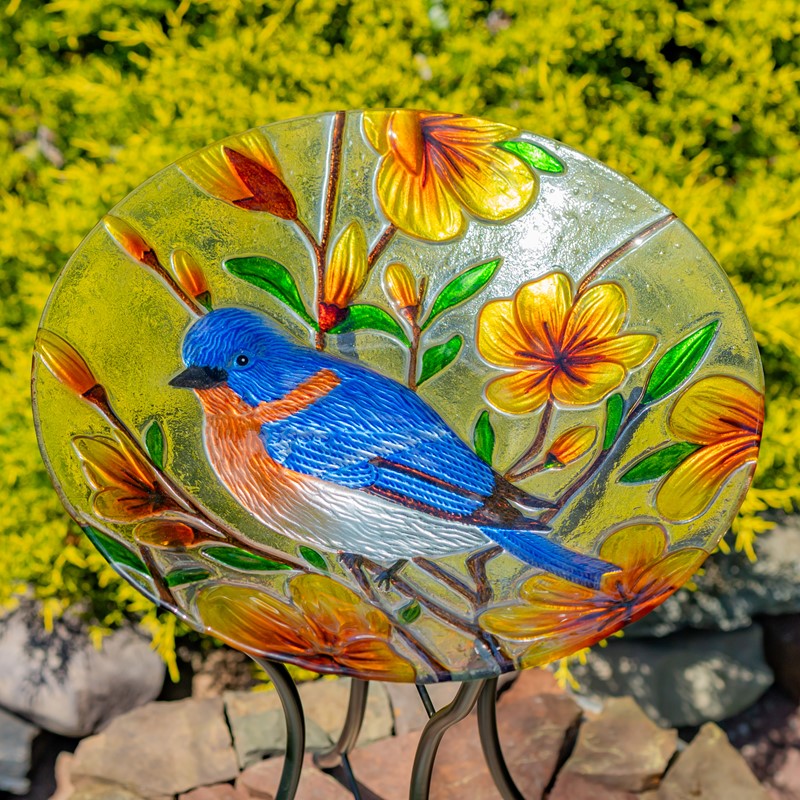 Zaer Ltd International 18" Glass Bowl Bluebird Birdbath with Metal Stand "Idaho" ZR180906