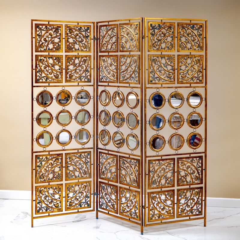 Zaer Ltd International Pre-Order:  Three Panel Decorative Folding Screen with Mirror Accents "Riordan" ZR233088