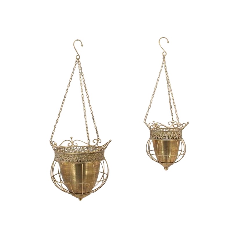 Zaer Ltd International Pre-Order: Set/2  Hanging Frosted Gold Ornate Metal Basket Planters "Riordan" ZR240868-FG